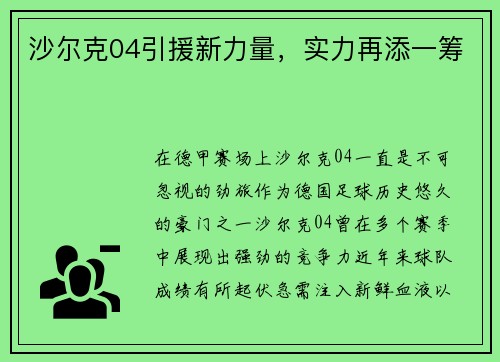 沙尔克04引援新力量，实力再添一筹